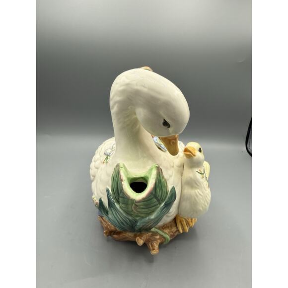 Fitz & Floyd Classics Duck Goose Teapot Mother & Baby Floral Ceramic 10” - Picture 2 of 9